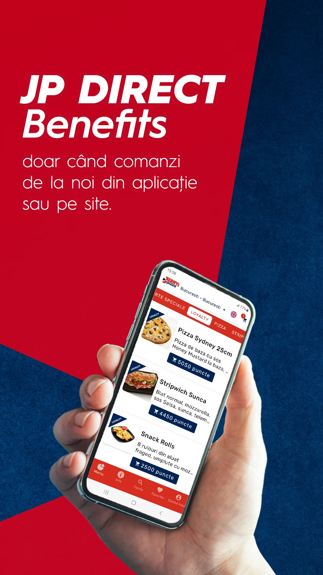Phone displaying the Jerry’s Pizza ordering and loyalty app, from the published project image