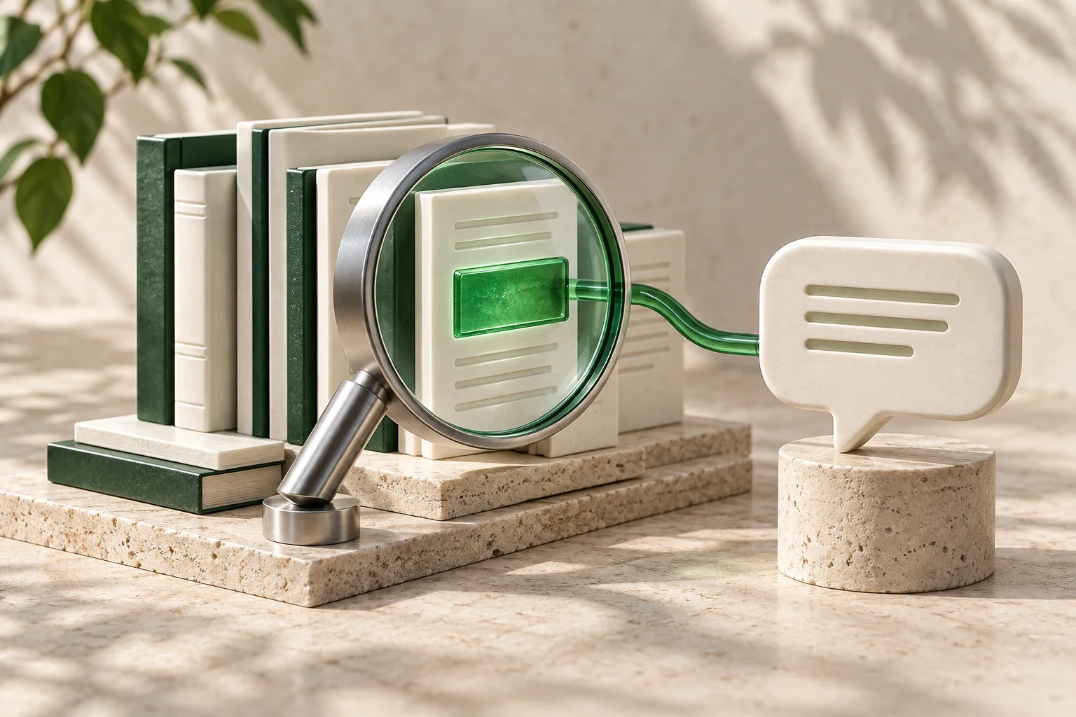 Conceptual illustration: a lens selects relevant information from documents to form an answer.