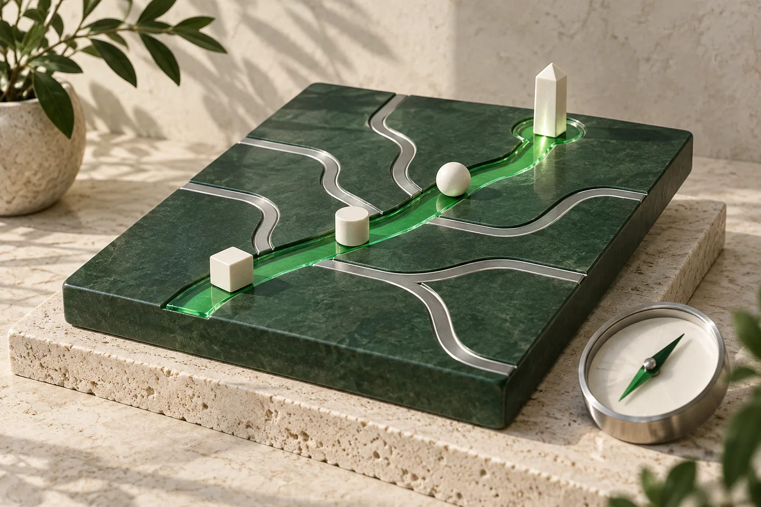 Conceptual illustration: a green path and a compass show priorities and milestones in a plan.