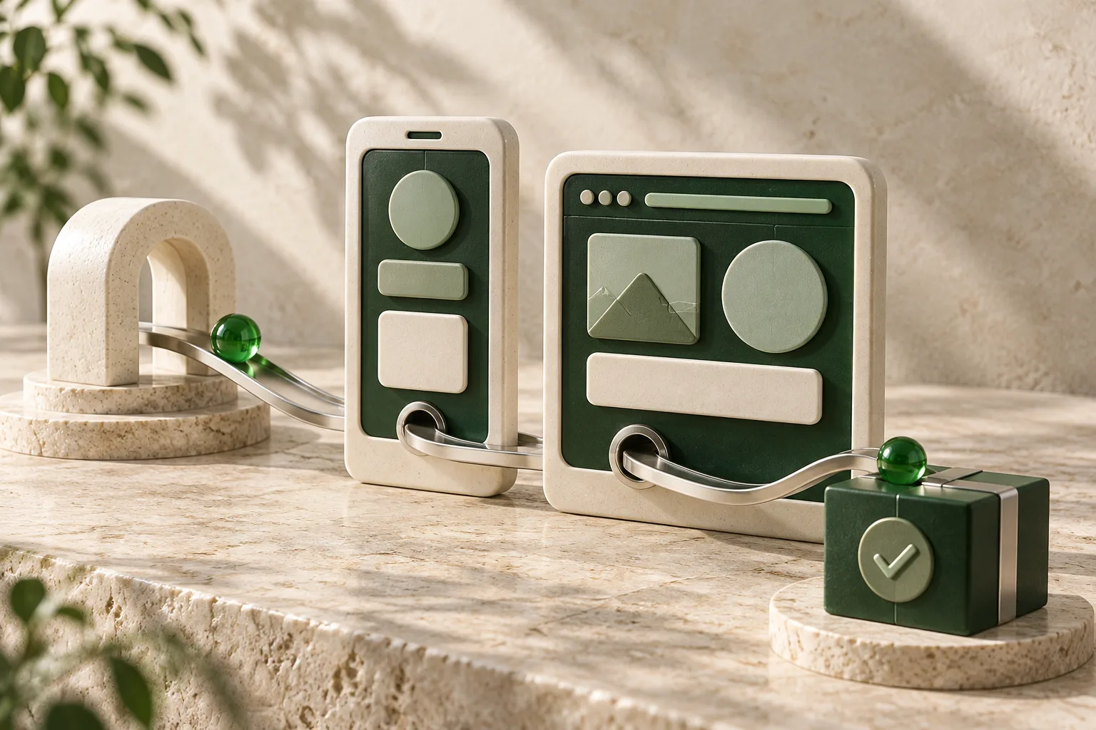 Conceptual illustration: a connected path links a mobile app, a web platform and a completed order.