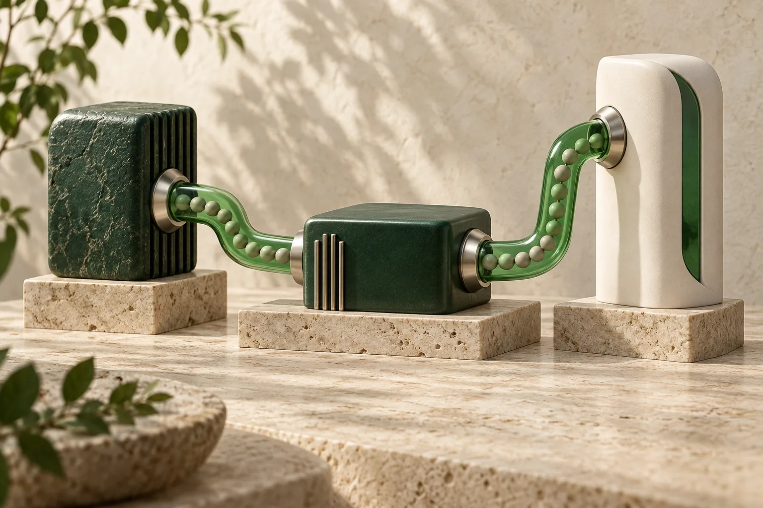 Conceptual illustration: three distinct systems exchange information through green glass connections.